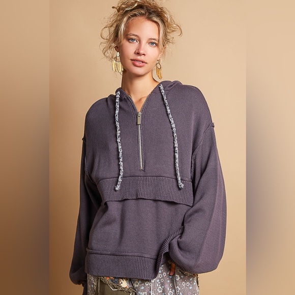 π POL Half Zip Hoodie - Relaxed Fit Pullover - Cotton Blend - Ghost Grey - Picture 7 of 11